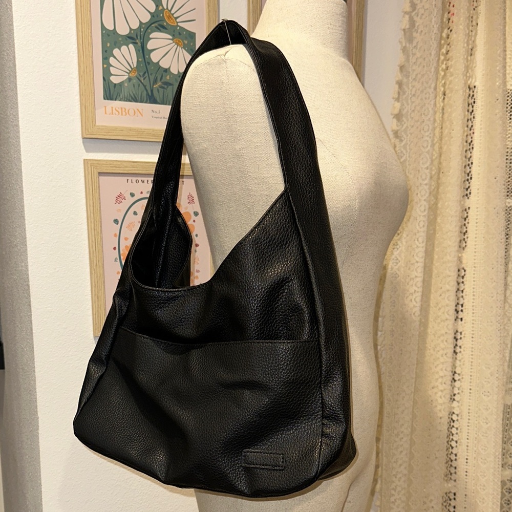 Black Pebbled Faux Leather Shoulder Bag